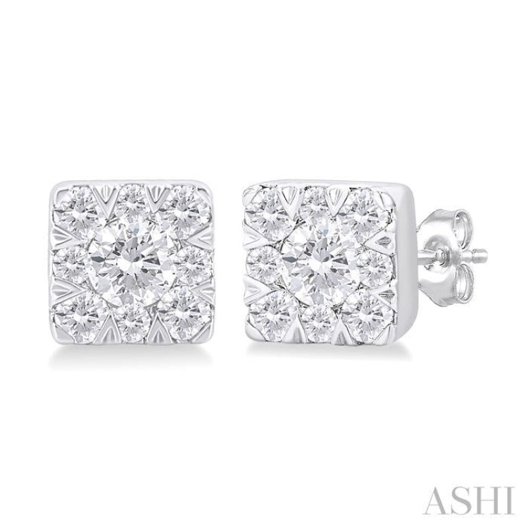 1/6 Ctw Lovebright Petite Square Shape Round Cut Diamond Fashion Stud Earring in 10K White Gold