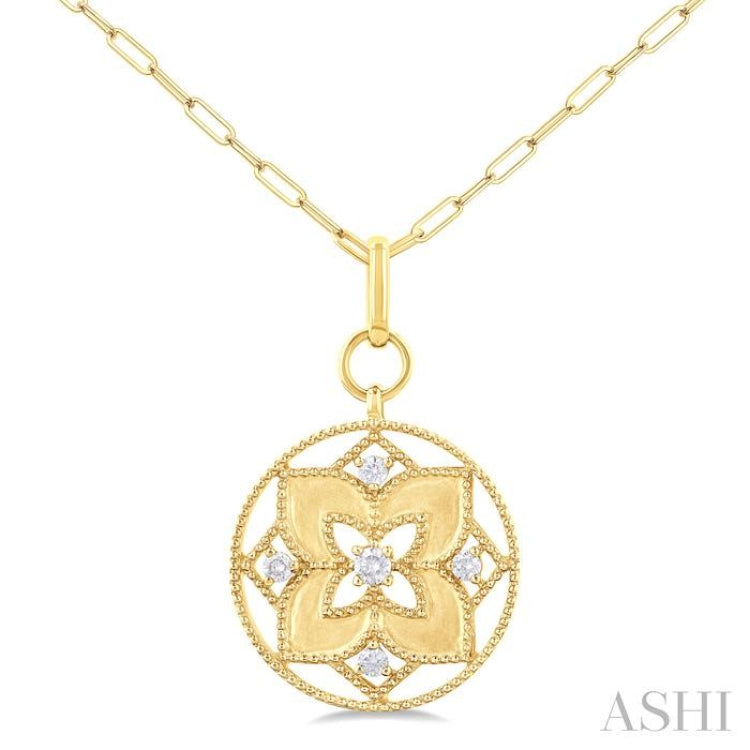 1/4 ctw Floral Medallion Circle Round Cut Diamond Fashion Pendant With Paper Clip Chain in 14K Yellow Gold