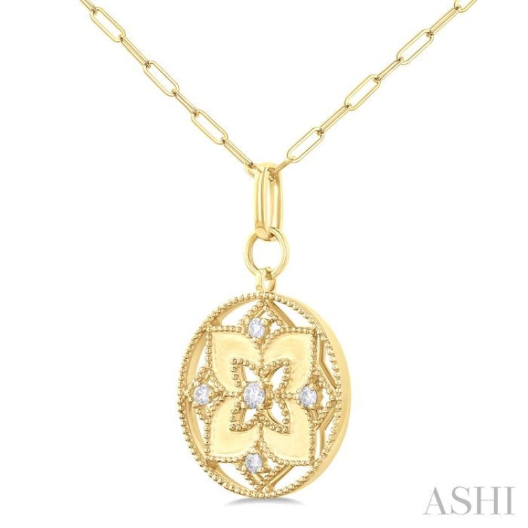 1/4 ctw Floral Medallion Circle Round Cut Diamond Fashion Pendant With Paper Clip Chain in 14K Yellow Gold