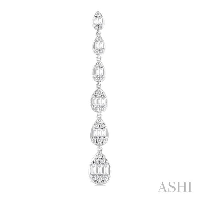 1 1/2 Ctw Pear Shape Fusion Baguette and Round Cut Diamond Fashion Long Earring in 14K White Gold