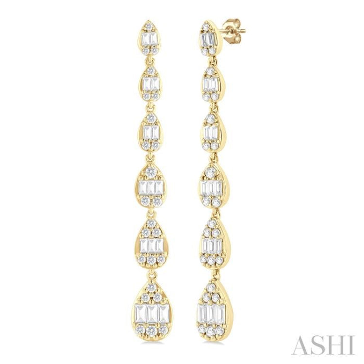 1 1/2 Ctw Pear Shape Fusion Baguette and Round Cut Diamond Fashion Long Earring in 14K Yellow Gold