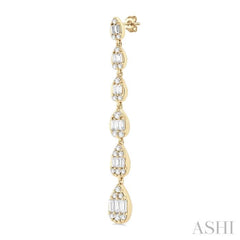 1 1/2 Ctw Pear Shape Fusion Baguette and Round Cut Diamond Fashion Long Earring in 14K Yellow Gold