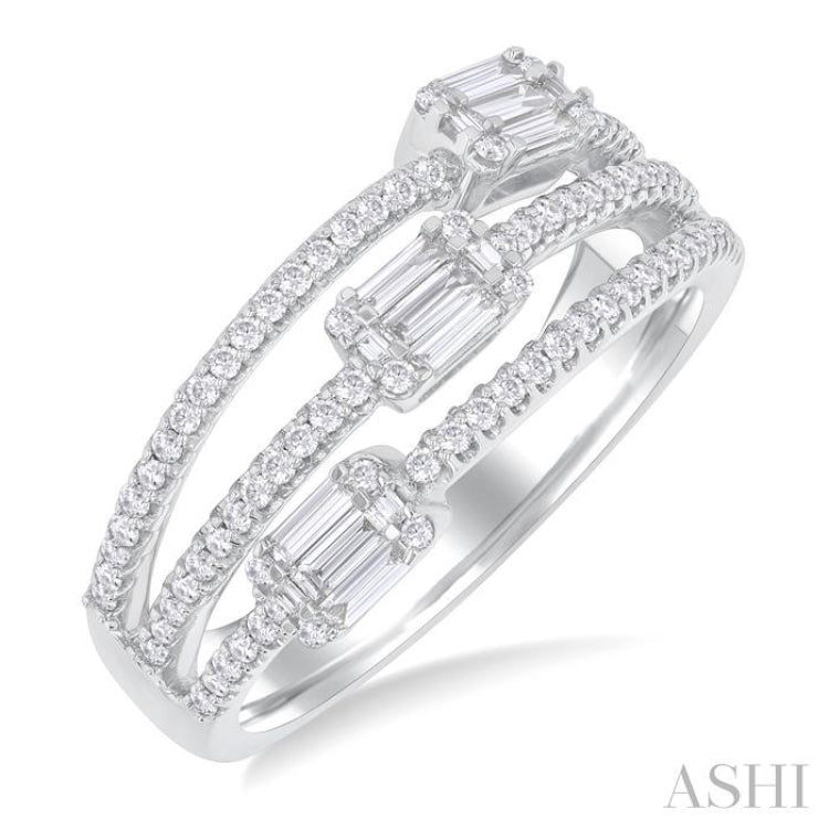 5/8 Ctw Split Three-Row Baguette and Round Cut Diamond Fashion Ring in 14K White Gold