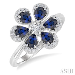 4X3 MM Pear Cut Floral Blossom Sapphire and 1/6 Ctw Round Cut Diamond Precious Fashion Ring in 14K White Gold