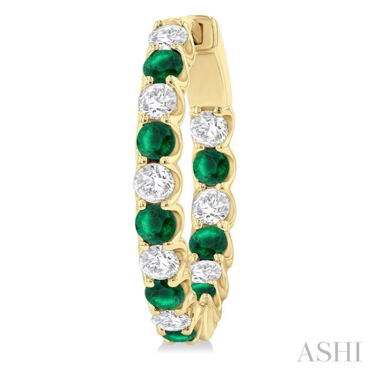 2.5MM Emerald and 1 ctw Round Cut Inside-Out Diamond Precious Hoop Earrings in 14K Yellow Gold