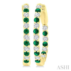 1.8 MM Emerald and 1/2 Ctw Round Cut Inside-Out Diamond Precious Hoop Earrings in 14K Yellow Gold
