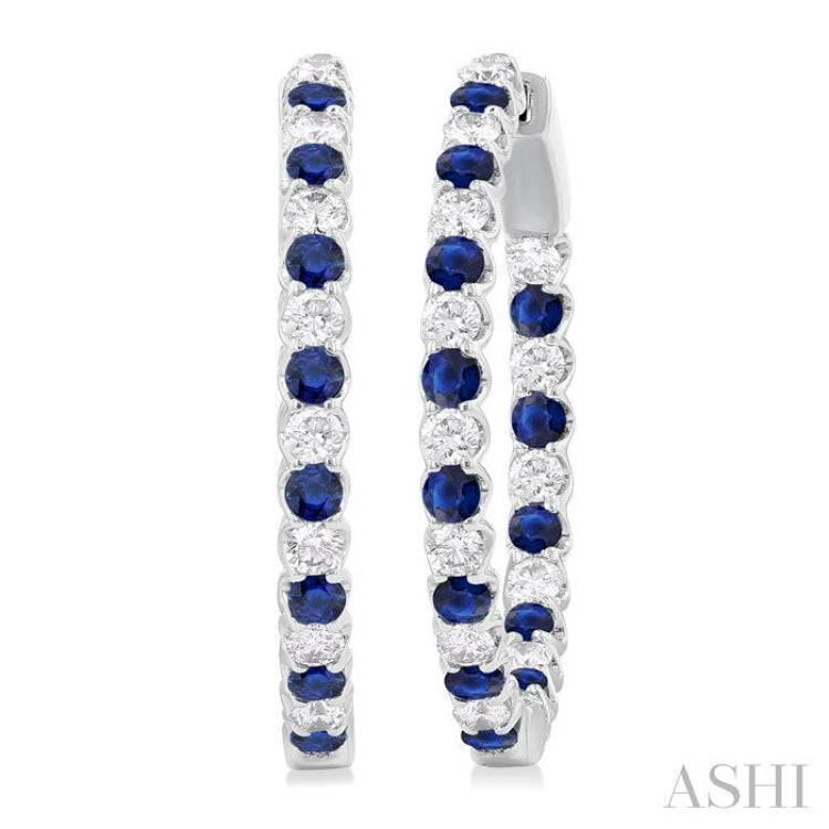 2.1MM Round Sapphire and 1 ctw Round Cut Diamond Inside & Outside Alternating Precious Hoop Earrings in 14K White Gold