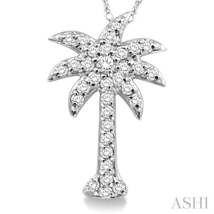 1/5 Ctw Palm Tree Round Cut Diamond Pendant in 14K White Gold with Chain