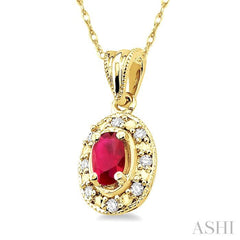 5x3 MM Oval Shape Ruby and 1/20 Ctw Single Cut Diamond Pendant in 10K Yellow Gold with Chain