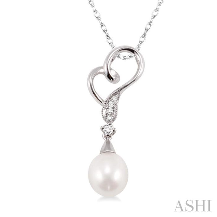 9x7MM Briolette Cut Cultured Pearl and 1/20 Ctw Round Cut Diamond Drop Pendant in 14K White Gold with Chain