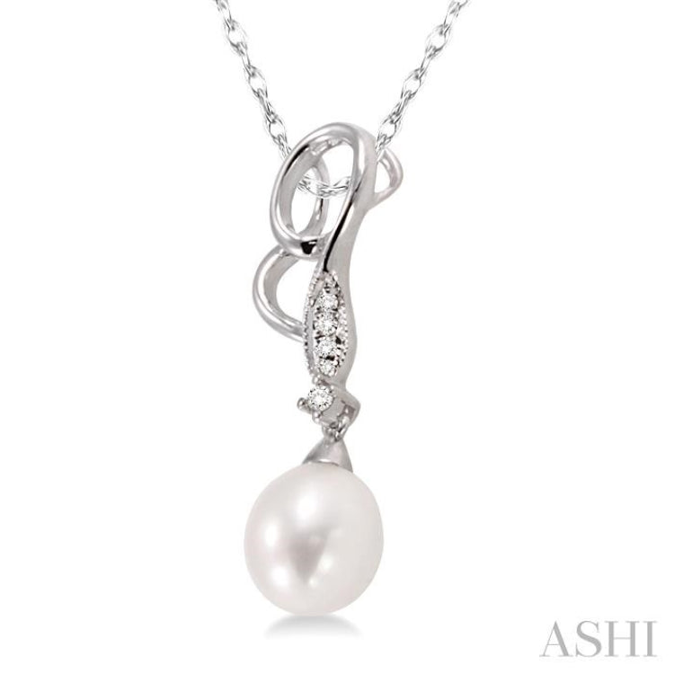 9x7MM Briolette Cut Cultured Pearl and 1/20 Ctw Round Cut Diamond Drop Pendant in 14K White Gold with Chain