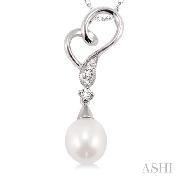 9x7MM Briolette Cut Cultured Pearl and 1/20 Ctw Round Cut Diamond Drop Pendant in 14K White Gold with Chain