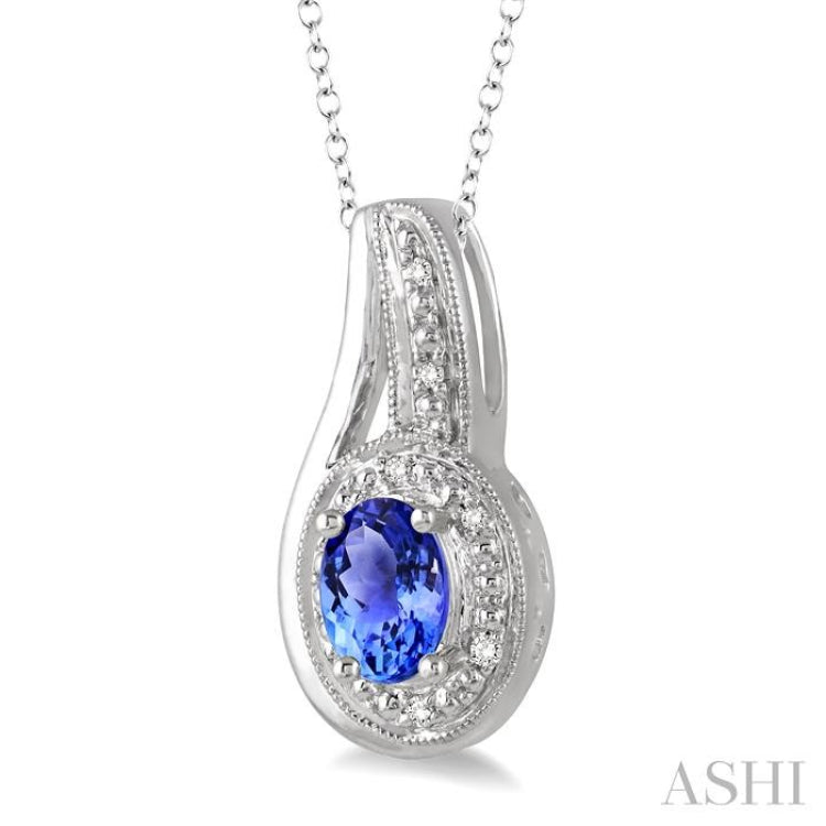 6x4 MM Oval Cut Tanzanite and 1/50 Ctw Round Cut Diamond Pendant in Sterling Silver with Chain