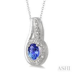 6x4 MM Oval Cut Tanzanite and 1/50 Ctw Round Cut Diamond Pendant in Sterling Silver with Chain