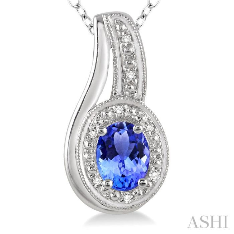 6x4 MM Oval Cut Tanzanite and 1/50 Ctw Round Cut Diamond Pendant in Sterling Silver with Chain