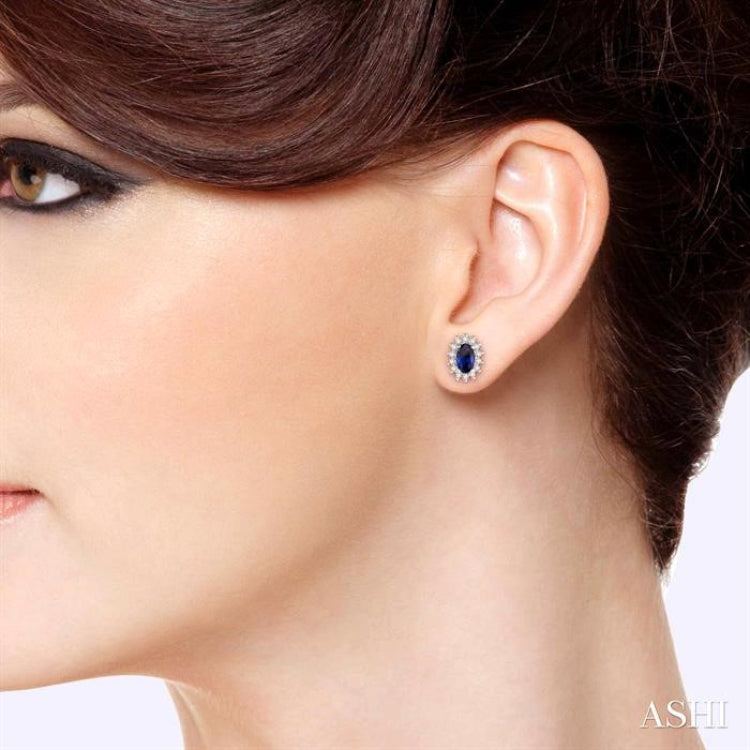 5x3 MM Oval Cut Center Sapphire and 1/5 Ctw Round Cut Diamond Sunflower Precious Earrings in 10K White Gold