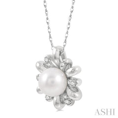 1/10 Ctw Floral 7 MM Round Cultured Pearl & Round Cut Diamond Pendant With Chain in 10K White Gold