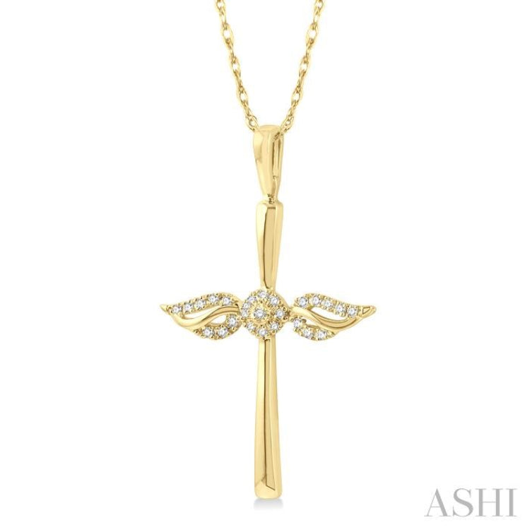 1/10 Ctw Angel Wing Round Cut Diamond Cross Pendant With Chain in 10K Yellow Gold