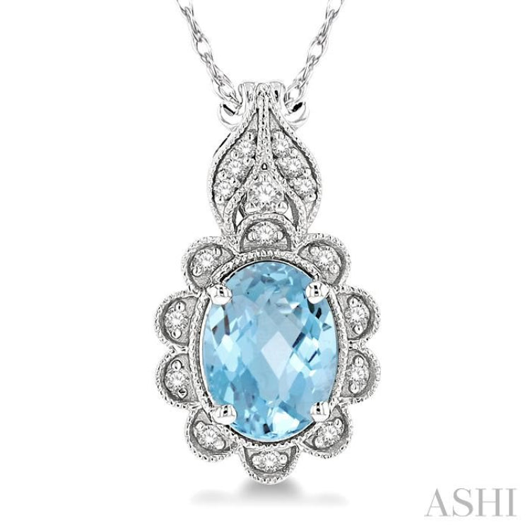 1/10 Ctw Floral 8x6 MM Oval Cut Aquamarine and Round Cut Diamond Semi Precious Pendant With Chain in 10K White Gold