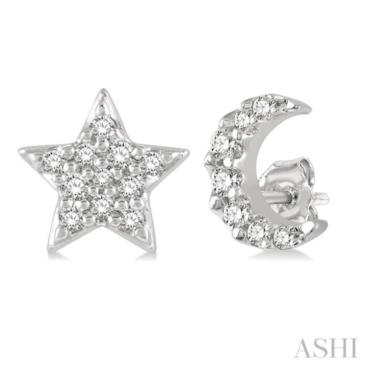 1/10 Ctw Star & Crescent Mix Round Cut Diamond Petite Fashion Earring in 10K White Gold