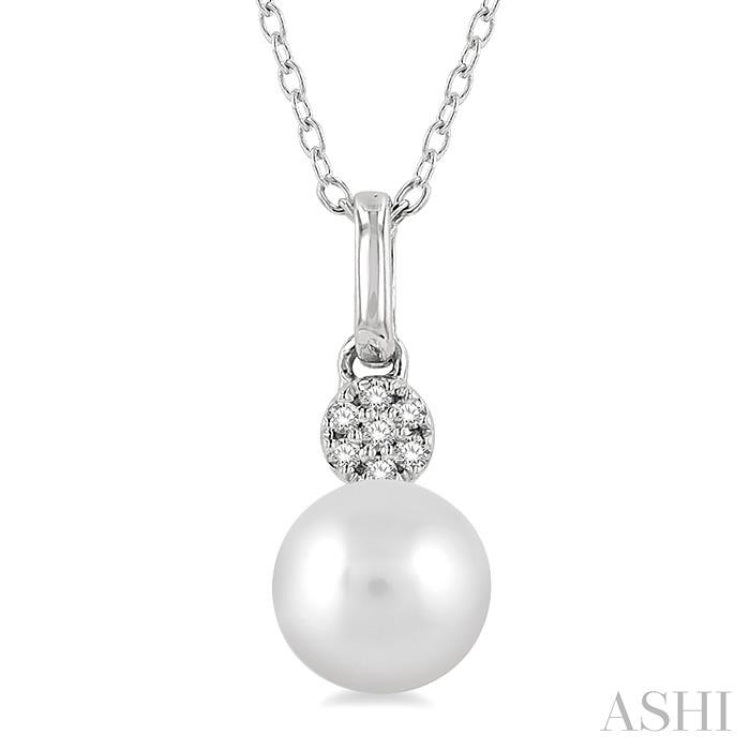 6 MM Round Shape Cultured Pearl and 1/50 Ctw Round Cut Diamond Petite Fashion Pendant With Chain in 10K White Gold