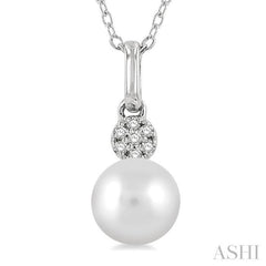 6 MM Round Shape Cultured Pearl and 1/50 Ctw Round Cut Diamond Petite Fashion Pendant With Chain in 10K White Gold