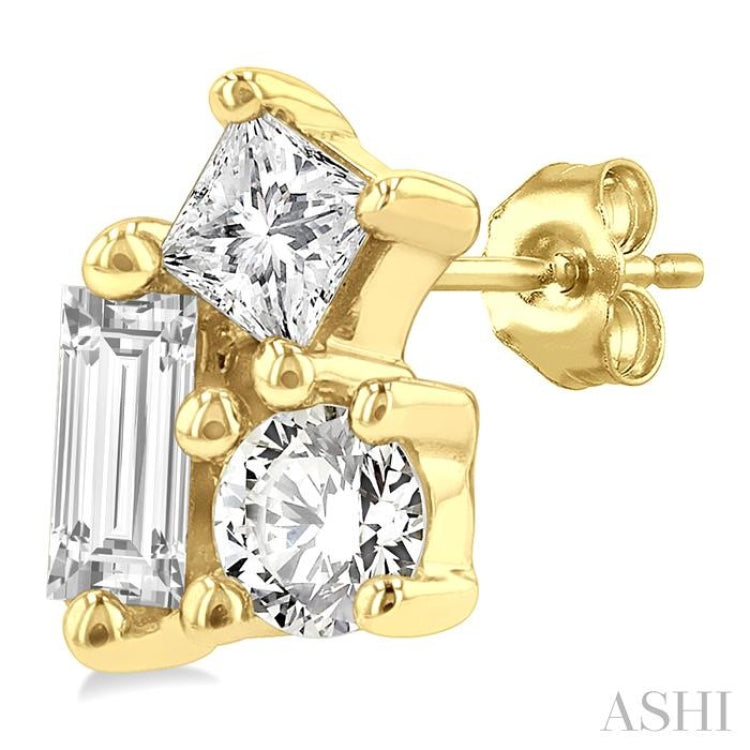 1/6 ctw Petite Tri-Stone Scatter Princess, Baguette & Round Cut Diamond Fashion Stud Earring in 10K Yellow Gold