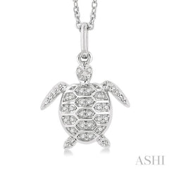 1/10 ctw Petite Sealife Turtle Round Cut Diamond Fashion Pendant With Chain in 10K White Gold