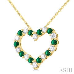 1/2 ctw Open Heart 2.3 MM Round Cut Emerald and Round Cut Diamond Precious  Fashion Pendant With Chain in 14K Yellow Gold