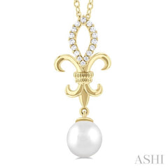 1/10 ctw Fleur De Lis 7X7 MM White Cultured Pearl and Round Cut Diamond Pendant With Chain in 10K Yellow Gold