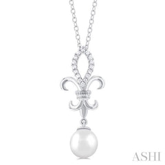 1/10 ctw Fleur De Lis 7X7 MM White Cultured Pearl and Round Cut Diamond Pendant With Chain in 10K White Gold