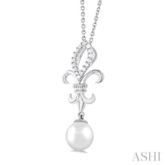 1/10 ctw Fleur De Lis 7X7 MM White Cultured Pearl and Round Cut Diamond Pendant With Chain in 10K White Gold