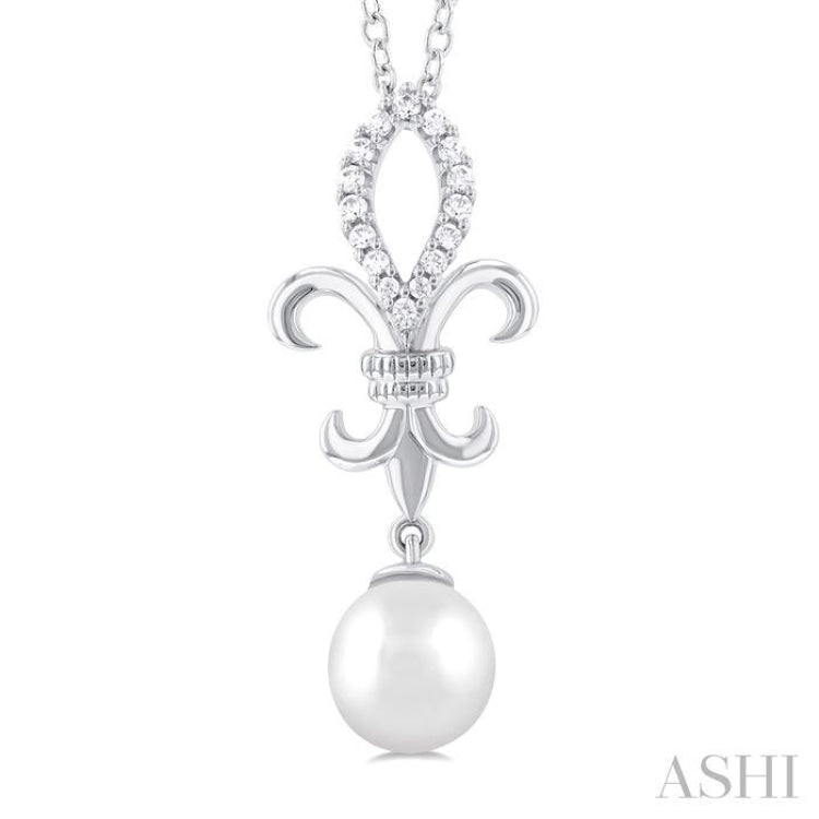 1/10 ctw Fleur De Lis 7X7 MM White Cultured Pearl and Round Cut Diamond Pendant With Chain in 10K White Gold