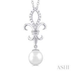 1/10 ctw Fleur De Lis 7X7 MM White Cultured Pearl and Round Cut Diamond Pendant With Chain in 10K White Gold