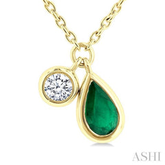 5x3 MM Pear Cut Emerald and 1/50 Ctw Bezel Set Round Cut Diamond Precious Pendant With Chain in 10K Yellow Gold