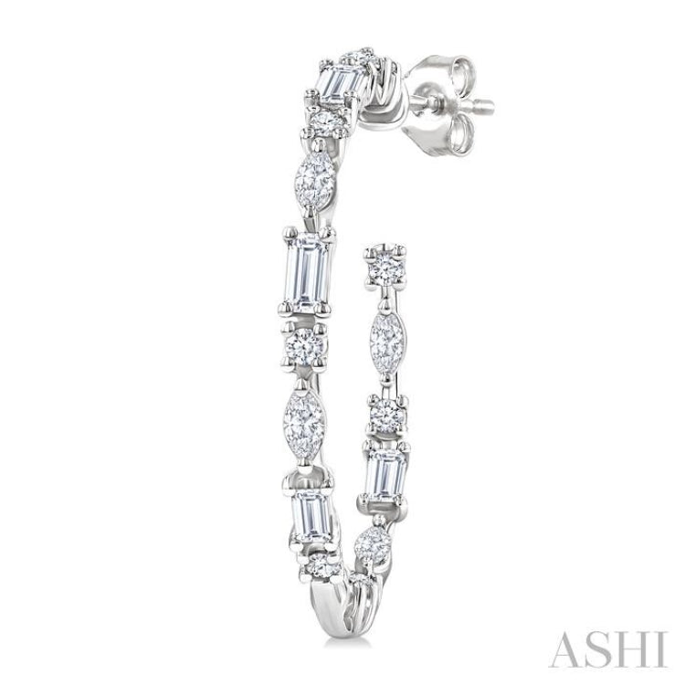 1 1/6 Ctw Inside & Outside Mixed Diamond Cut Fashion Open Hoop Earrings in 14K White Gold