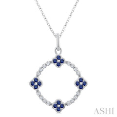 1.25 MM Clover Circle Sapphire and 1/8 Ctw Round Cut Diamond Precious Pendant With Chain in 10K White Gold