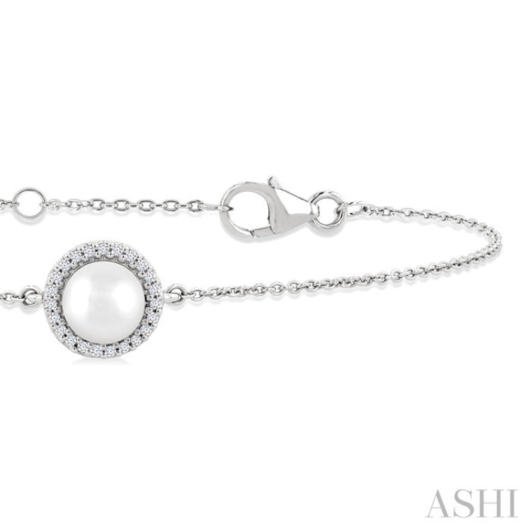 6 MM Round shape Round Shape Cultured Pearl and 1/20 Ctw Round Cut Diamond Petite Halo Bracelet in 10K White Gold
