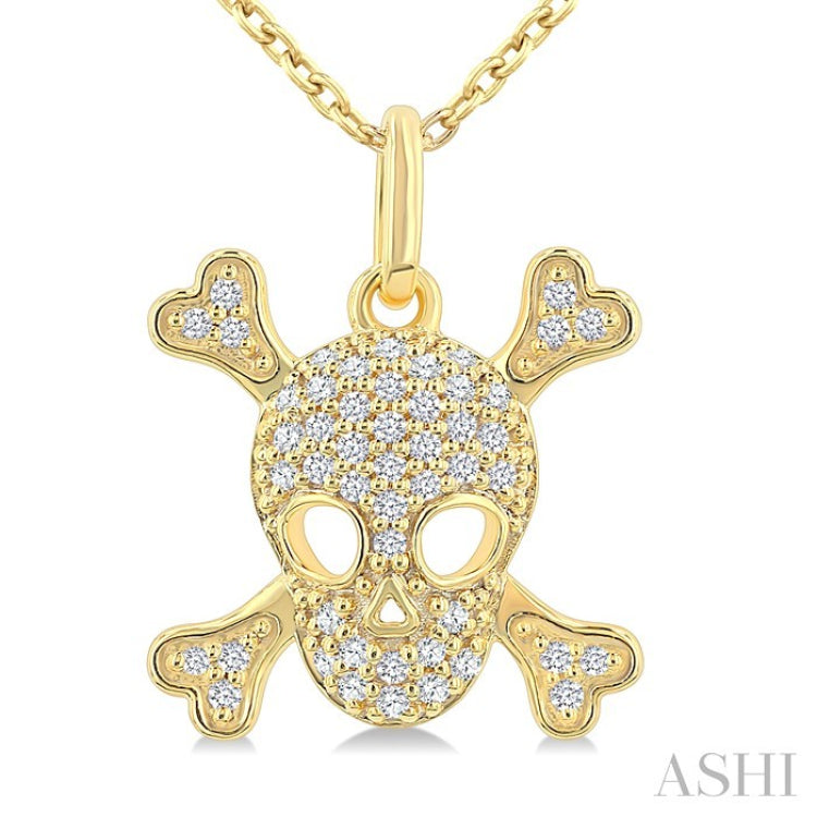 1/6 Ctw Petite Skull Single Cut Diamond Fashion Pendant With Chain in 10K Yellow Gold