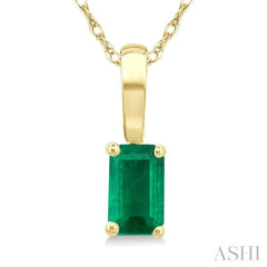 5X3 MM Octagon Shape Emerald Precious Solitaire Pendant With Chain in 14K Yellow Gold