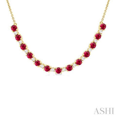3.5 MM Round Shape Ruby and 1/2 Ctw Round Cut Diamond Precious Tennis Necklace in 14K Yellow Gold