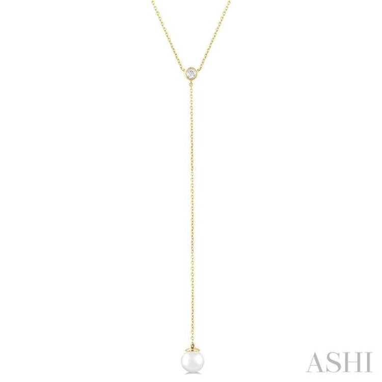 7 MM Round Shape Cultured Pearl and 1/20 Ctw Round Cut Diamond Lariat Necklace in 14K Yellow Gold