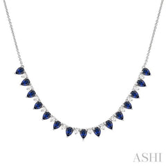 4x3 MM Pear Shape Sapphire and 1/2 Ctw Round Cut Diamond Precious Tennis Necklace in 14K White Gold