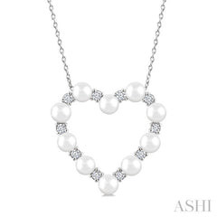4 MM Round Shape Cultured Pearl and 1/3 Ctw Round Cut Diamond Heart Shape Pendant With Chain in 14K White Gold