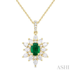 7x5 MM Oval Cut Emerald and 1 Ctw Pear & Round Cut Diamond Precious Pendant With Chain in 14K Yellow Gold