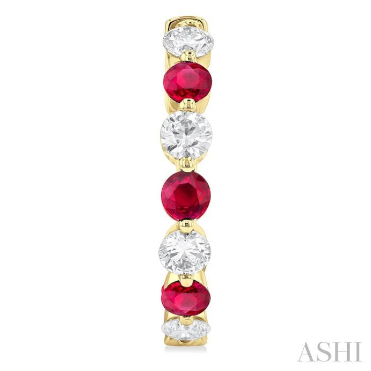 2.85 MM Round Cut Ruby and 1 Ctw Round Cut Diamond Precious Inside-Out Alternating Hoop Earrings in 14K Yellow Gold