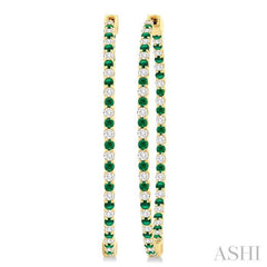 1.8 MM Emerald and Alternating 1 1/2 Ctw Round Cut Inside-Out Diamond Precious Hoop Earrings in 14K Yellow Gold