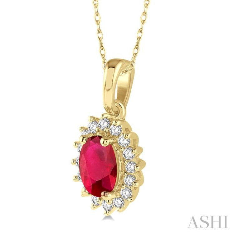 6x4 MM Oval Cut Ruby Center Sunflower and 1/8 Ctw Round Cut Diamond Precious Pendant in 10K Yellow Gold with chain