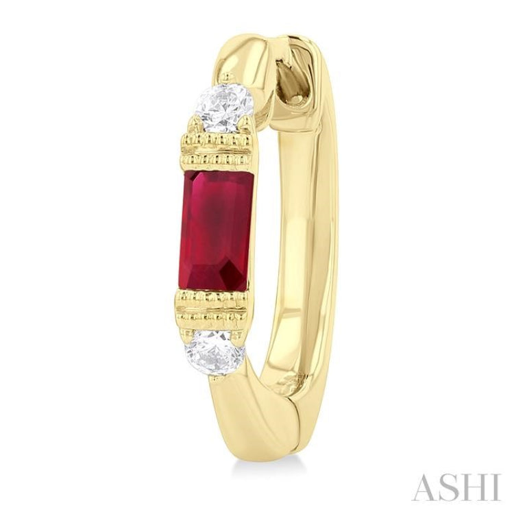 4X2 MM Baguette Cut Ruby and 1/10 Ctw Round Cut Diamond Precious Hoop Earring in 10K Yellow Gold