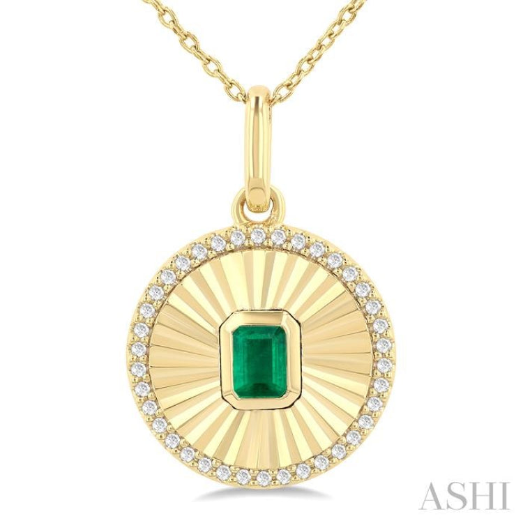4X3 MM Octagon Shape Emerald and 1/8 Ctw Single Cut Diamond Precious Fluted Medallion Pendant in 10K Yellow Gold with Chain